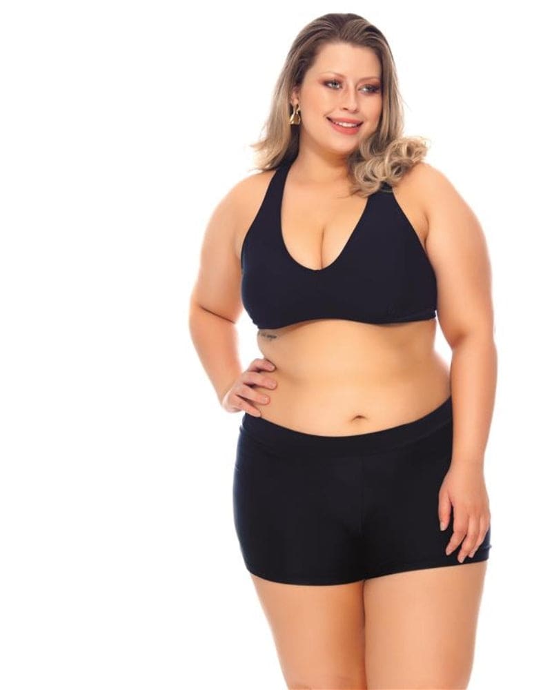 Front of a model wearing a size 18 T Back Bikini Top in Black by Lehona. | dia_product_style_image_id:267764